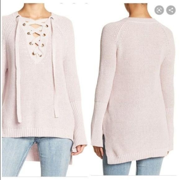 BLVD LaceUp V Neck Chunky Knit Relaxed Sweater NWT - Picture 9 of 15